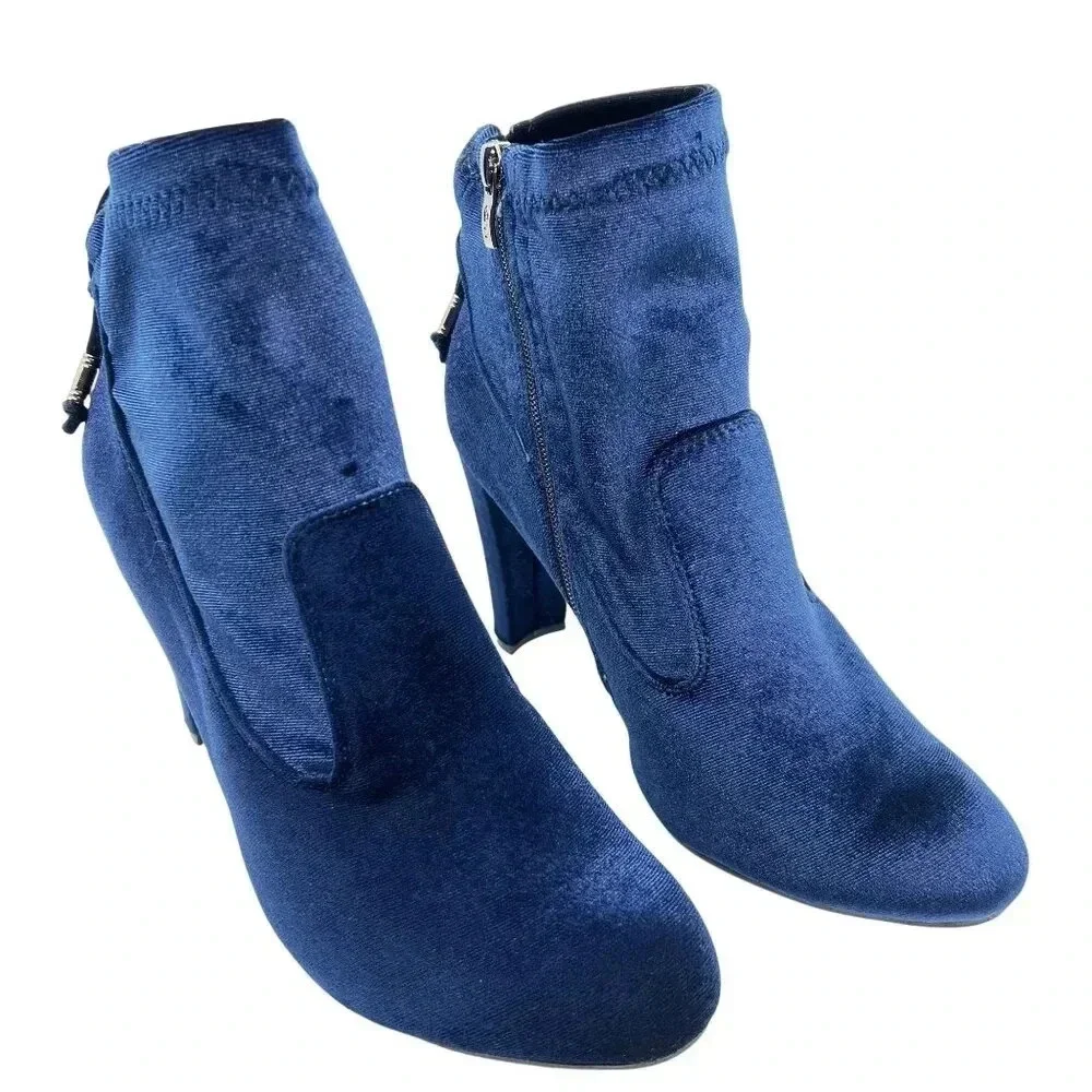 NEW Blue Velvet Ankle Booties Women 10M Zip Closure Block Heel Boots Elvis Shoes